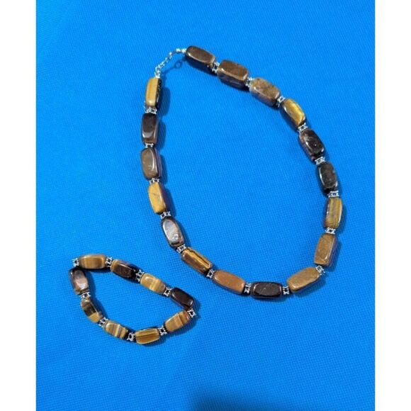 Tigers Eye Gemstone Necklace &  stretchy Bracelet Set With Silver-Tone Spacers - Picture 5 of 6